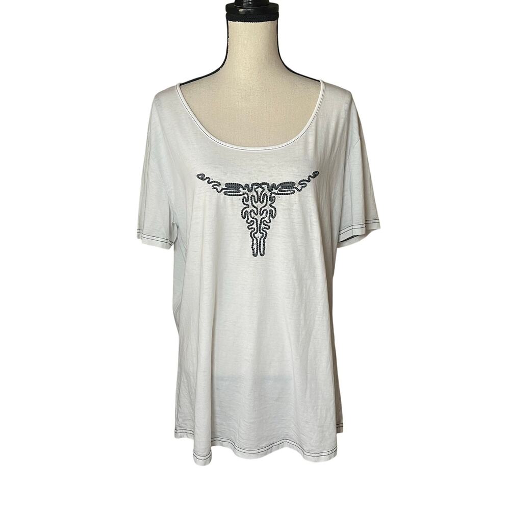 Cowgirl Hardware Western Embroidered Longhorn Graphic Scoop Neck T-Shirt XXL